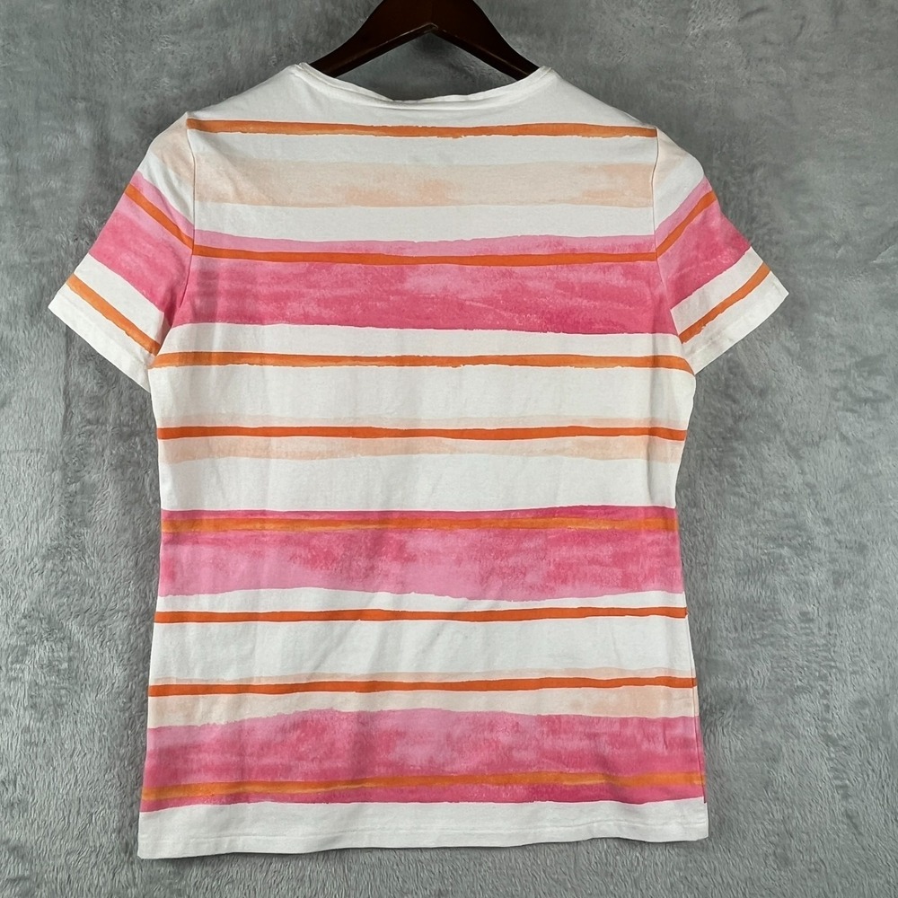 Talbots Womens MP Striped Crewneck Tee Pink Orange Cotton Stretch Top - Picture 3 of 4